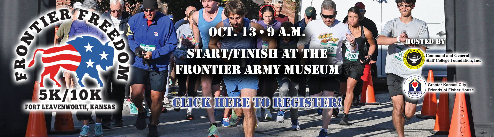 composite image with Frontier Freedom 5K/10K logo and date/time of the race over an image of the starting runners in the 2023 race.